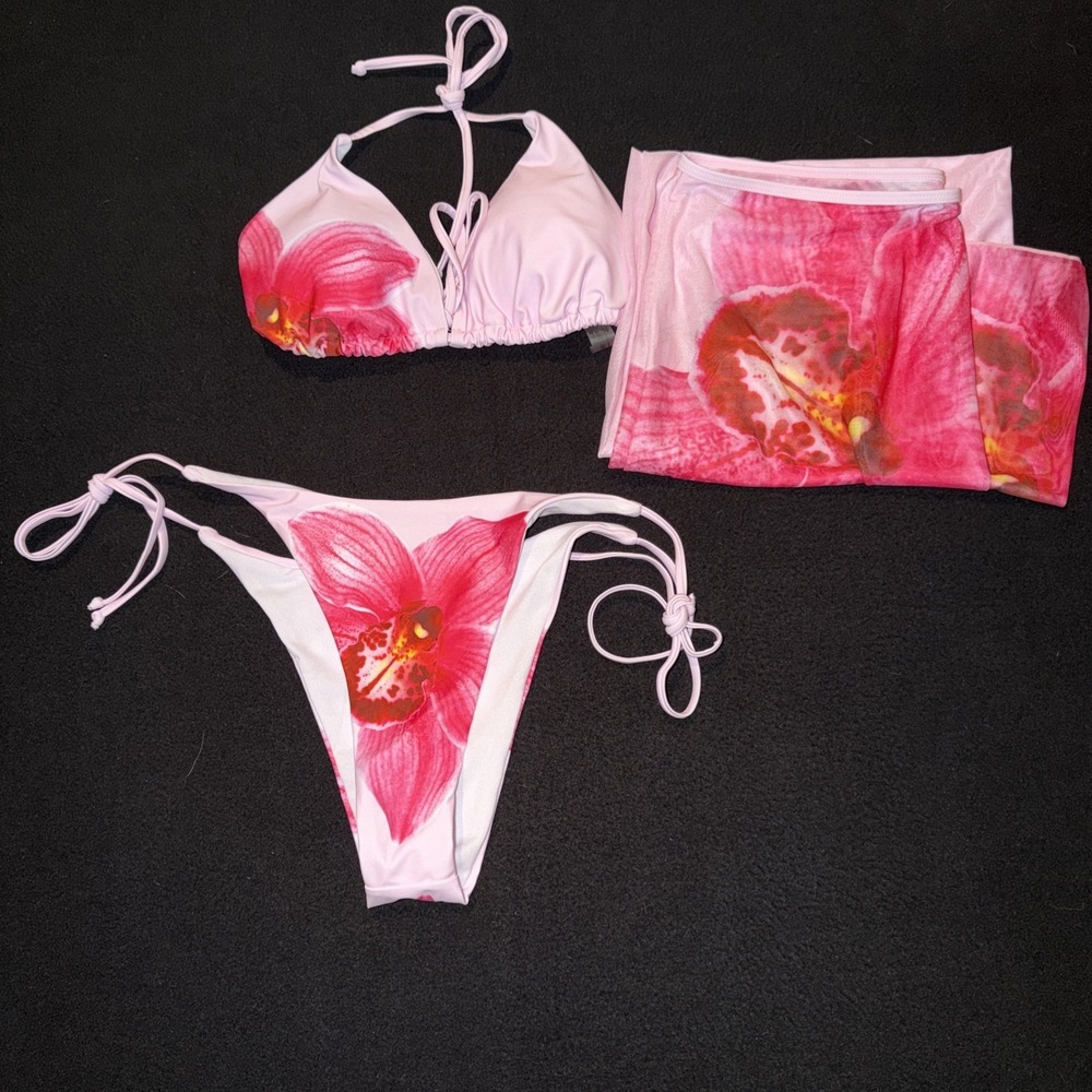 Pink  Floral Tie Dye Bikini w/ Top‎ And Cover Up Women's XL